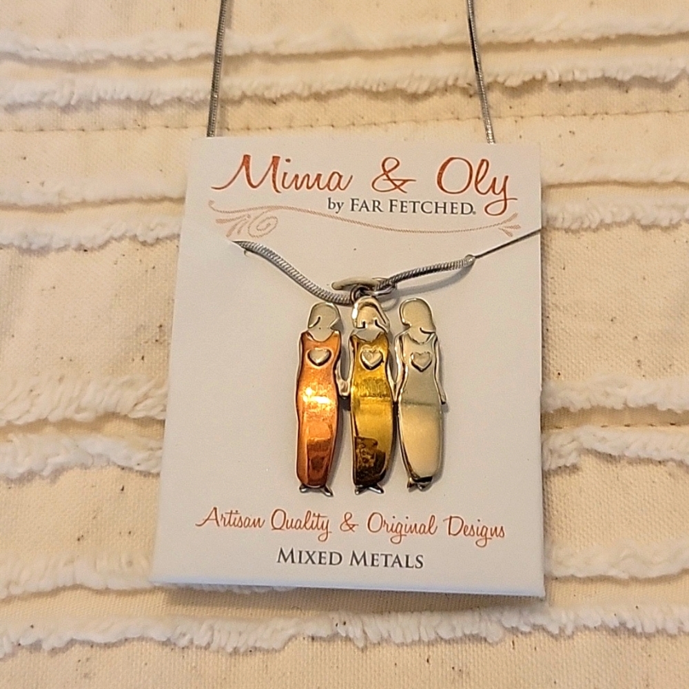 Mima and Oly Three Sisters Pendant and Chain, pendant 1" x 3/4", chain 18"